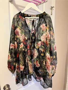 Sheer Black Floral Tie-Front Blouse - Black with Pink Floral